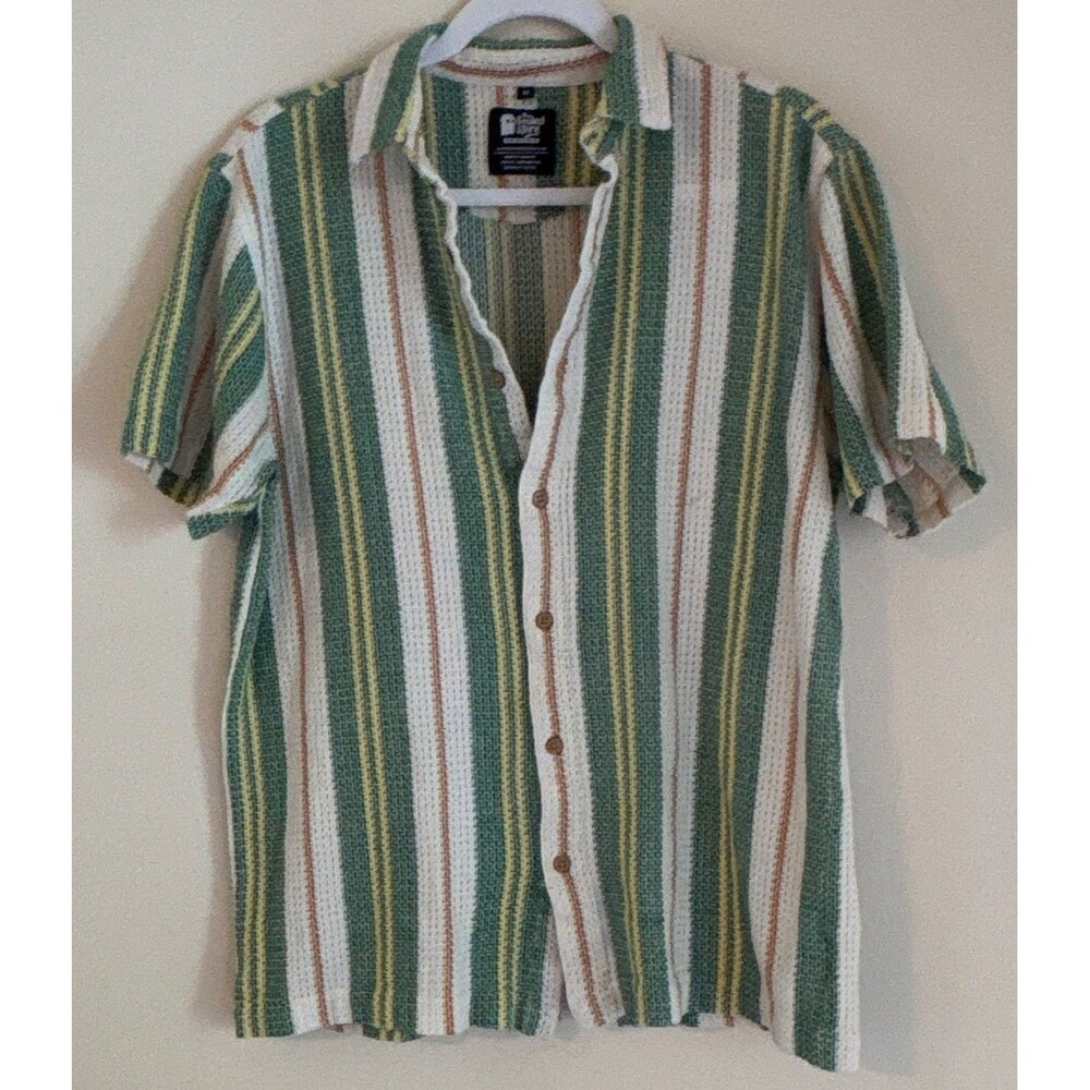 The Souled Store Men's M Striped Button-Up Shirt Green Cotton Short Sleeve